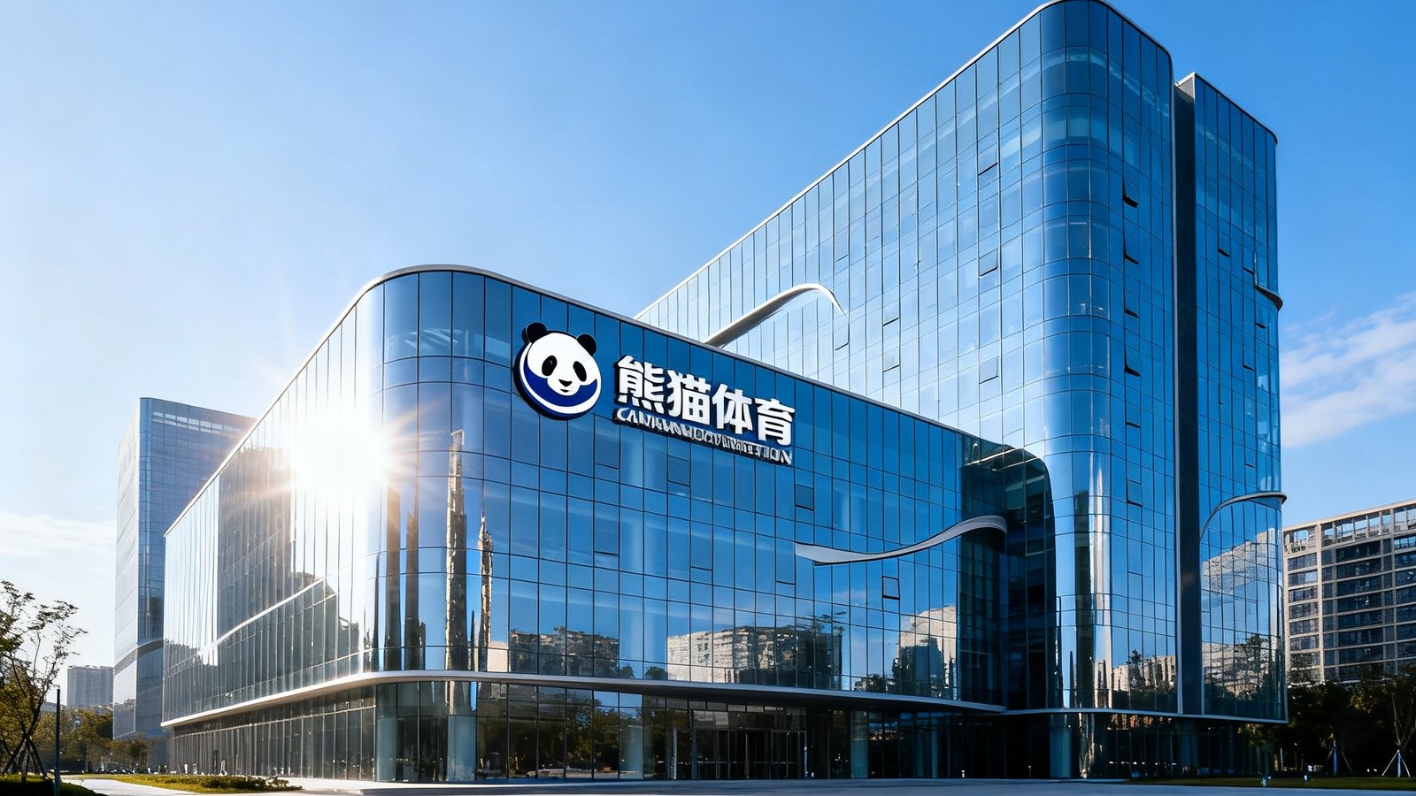 熊猫体育位于成都高新区的总部办公大楼外景，现代化玻璃幕墙建筑，楼前有公司标志