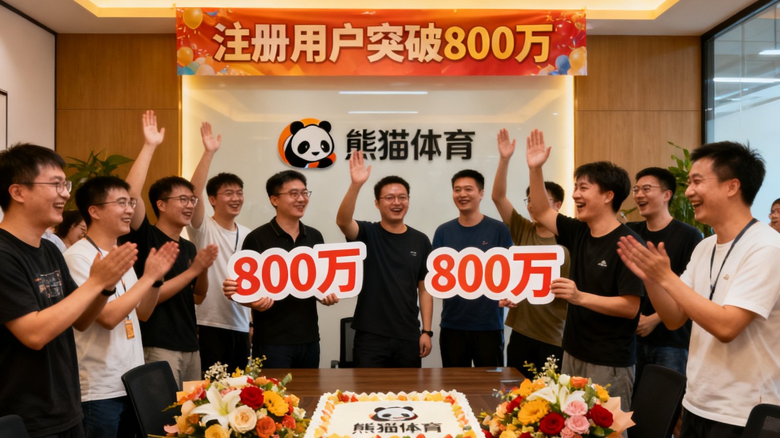 熊猫体育庆祝注册用户突破800万的内部庆祝活动照片