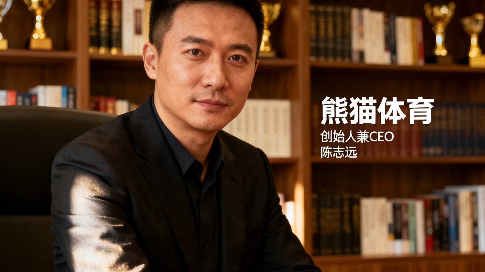 熊猫体育创始人兼CEO陈志远的专业肖像照，背景为办公室书架